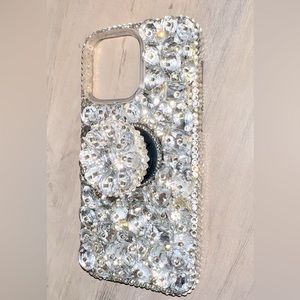 Swarovski Crystal iPhone Case Silver Clear Cover with Pop Socket - Handmade